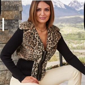 Boston Proper Leopard Print Teddy Jacket with Black Sleeves